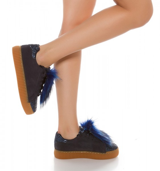 Koucla Trendy Plateau Sneakers mit Glitzer und fake Fell Letzte 3 Tage