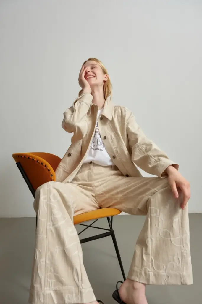 Lala Berlin Pants Pamir cotton mix lalagram jacquard beige Outlet