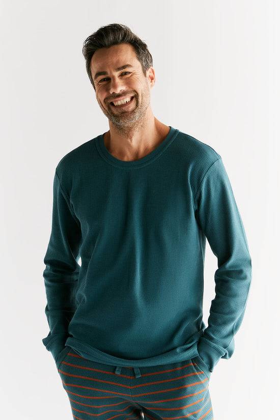 Leela Cotton 2208-063 | Waffel Strick Herren Langarmshirt - Tanne Saisonale Angebote