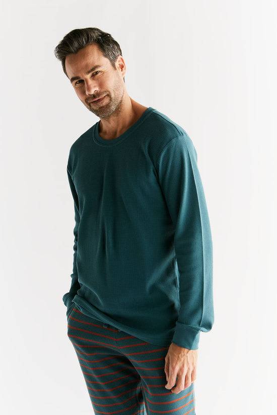 Leela Cotton 2208-063 | Waffel Strick Herren Langarmshirt - Tanne Saisonale Angebote