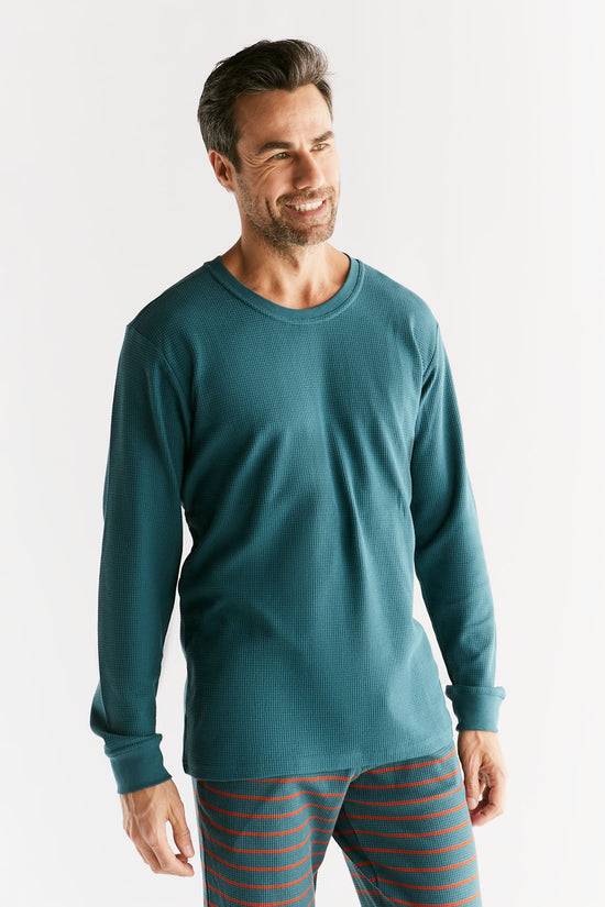 Leela Cotton 2208-063 | Waffel Strick Herren Langarmshirt - Tanne Saisonale Angebote