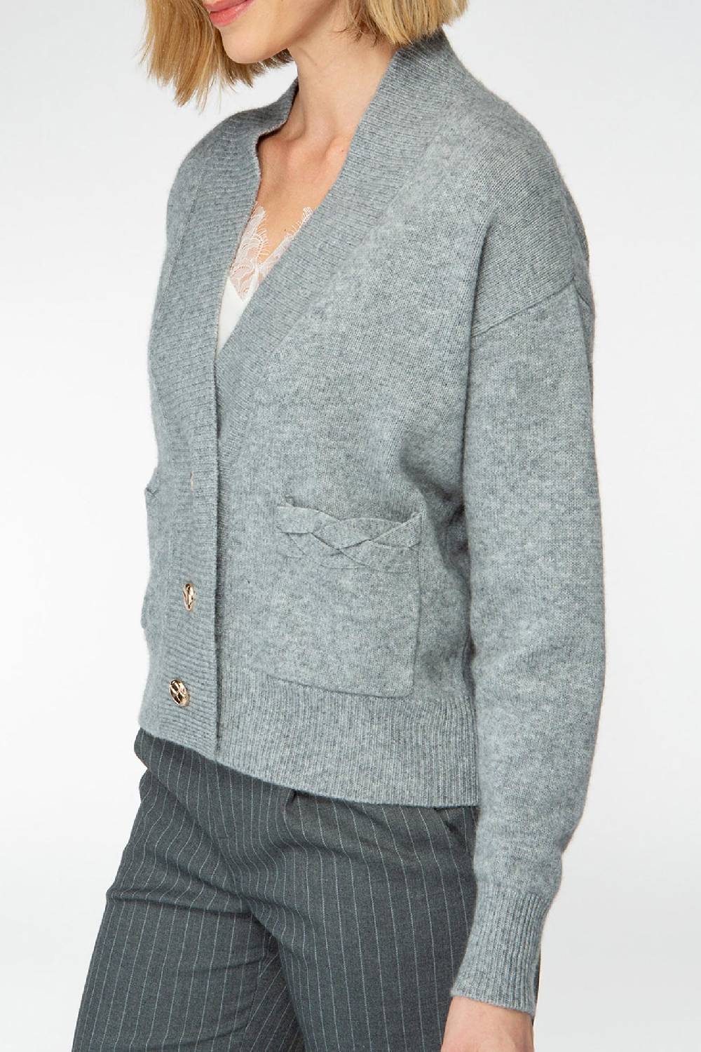 IVI GmbH SOLID KNIT Cardigan mit aufgesetzten Taschen grau-melange Super Sparpreis