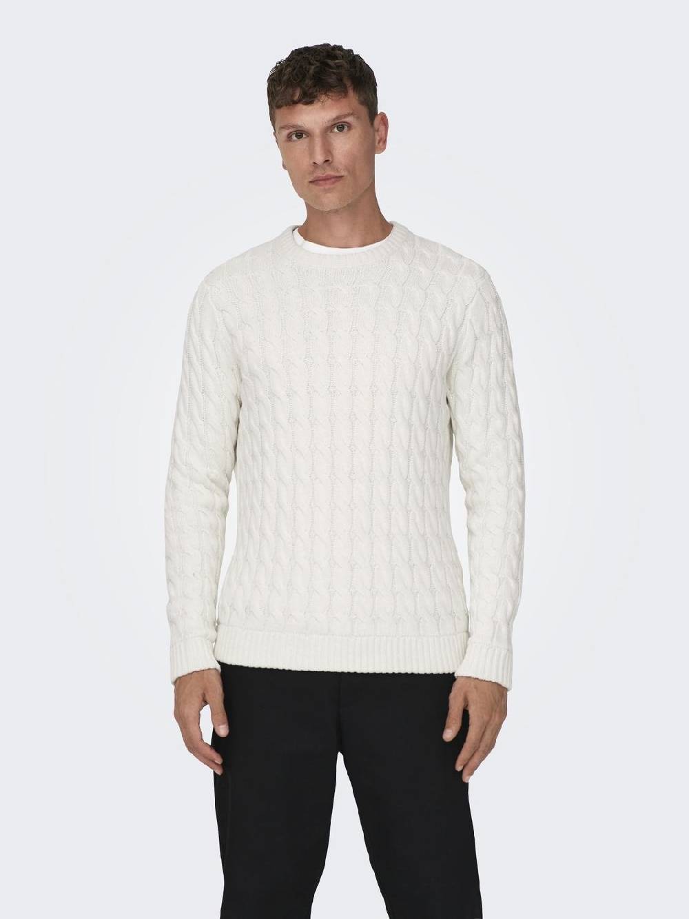Only & Sons ONSKICKER LIFE REG 3 CABLE CREW KNIT (Antique White) Letzter Tag