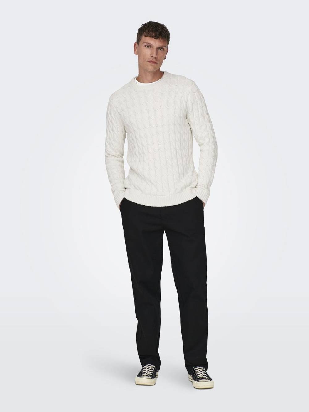 Only & Sons ONSKICKER LIFE REG 3 CABLE CREW KNIT (Antique White) Letzter Tag