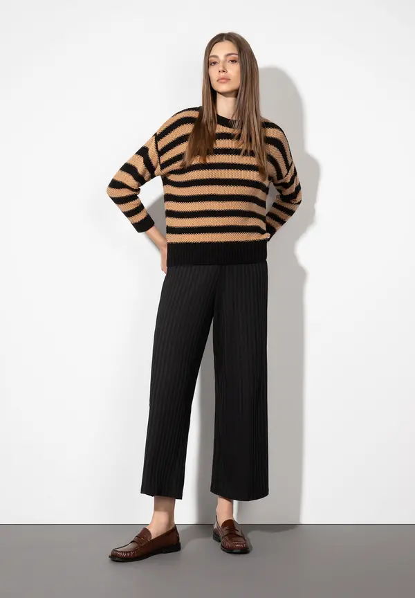 More & More Strukturpullover mit Streifen, schwarz/beige Tiefpreis