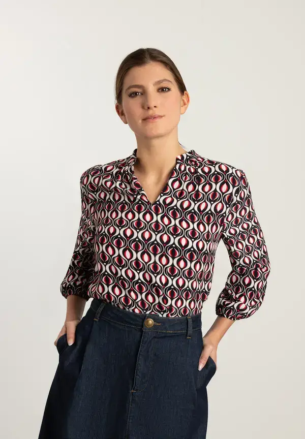 More & More Viskosebluse, grafischer Print, marine/rot, Frühjahrs-Kollektion Flash Sale