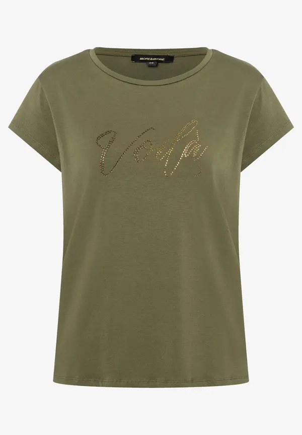 More & More T-Shirt mit Strass-Schriftzug, oliv Kauf eins, bekomm eins gratis