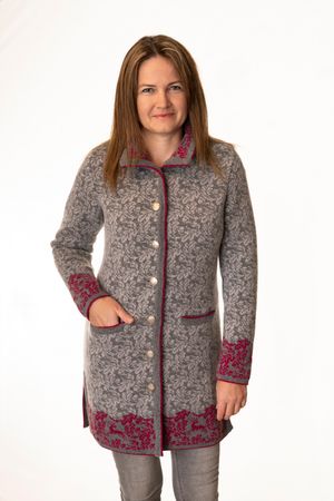 Pezzo D'oro Pezzo D&#039;oro Damenstrickmantel,Grautöne mit dunkelpinken Akzenten, nachhaltig produziert,made in Bayern, Merinowolle Preisnachlass