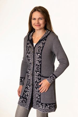 Pezzo D'oro Art en Laine Strickmantel,Gehrock mit Kapuze,Merinowolle,made in Bayern,marine/grau Lagerräumung