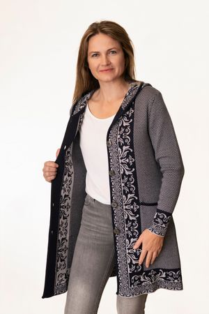 Pezzo D'oro Art en Laine Strickmantel,Gehrock mit Kapuze,Merinowolle,made in Bayern,marine/grau Lagerräumung