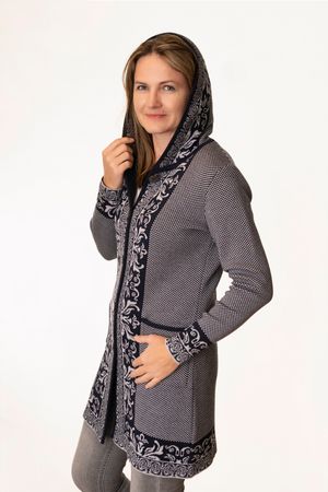 Pezzo D'oro Art en Laine Strickmantel,Gehrock mit Kapuze,Merinowolle,made in Bayern,marine/grau Lagerräumung