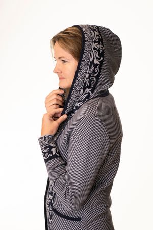 Pezzo D'oro Art en Laine Strickmantel,Gehrock mit Kapuze,Merinowolle,made in Bayern,marine/grau Lagerräumung