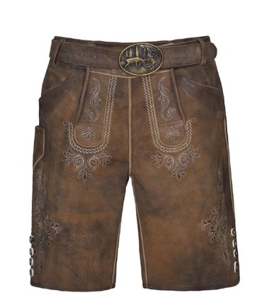 Pezzo D'oro Herren Trachtenlederhose 2-tlg mit Gürtel,kurz, bestickt,antikbraun