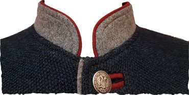 Pezzo D'oro Herren Trachtenstrickjacke blaumelange mit grauem Loden abesetzt, roter Paspel Auslauf