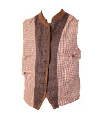 Pezzo D'oro Herren Trachtenweste Tweed hellgrau/dunkelgrau Lederkragen/Paspel, Karofutter Verkauf