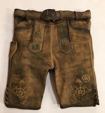 Pezzo D'oro Herrentrachtenlederhose kurz,braun antik finish,beige/grün bestickt,Größe 50 im Angebot