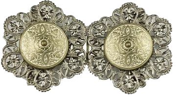 Pezzo D'oro Schürzenschließe, Dirndlschließe, altsilber mit altgold/weiß Jubiläumsangebot