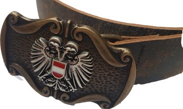 Pezzo D'oro Trachtengürtel Österreichwappen, handgefertigt in Bayern, Antikleder dunkelbraun