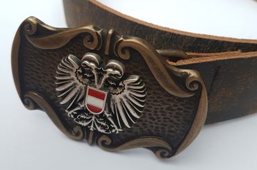 Pezzo D'oro Trachtengürtel Österreichwappen, handgefertigt in Bayern, Antikleder dunkelbraun Super Sparpreis