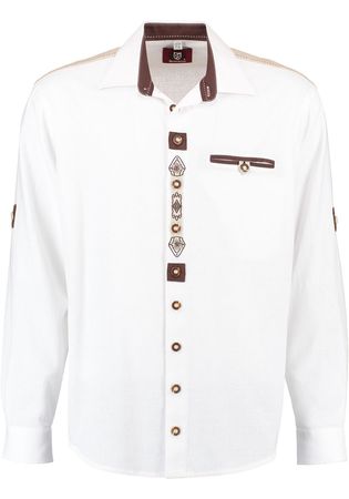 Pezzo D'oro Trachtenhemd Herren, weiß mit traditioneller Stickerei, Leinenoptik, Pattentasche, Leinenbesatz, Langarm Letzte 3 Tage