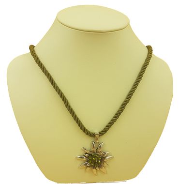 Pezzo D'oro Trachtenkette Edelweiß altsilber,grünes Kordelband und Glitzersteine Neueste Stile