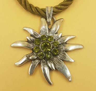 Pezzo D'oro Trachtenkette Edelweiß altsilber,grünes Kordelband und Glitzersteine Neueste Stile