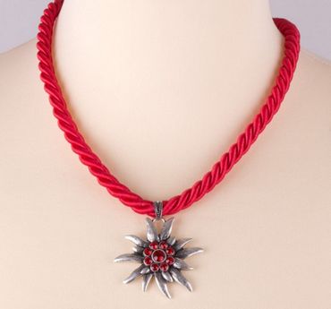 Pezzo D'oro Trachtenkette Kordelband rot ,Edelweißanhänger altsilber, rote Straßsteine Letzte 2 Tage
