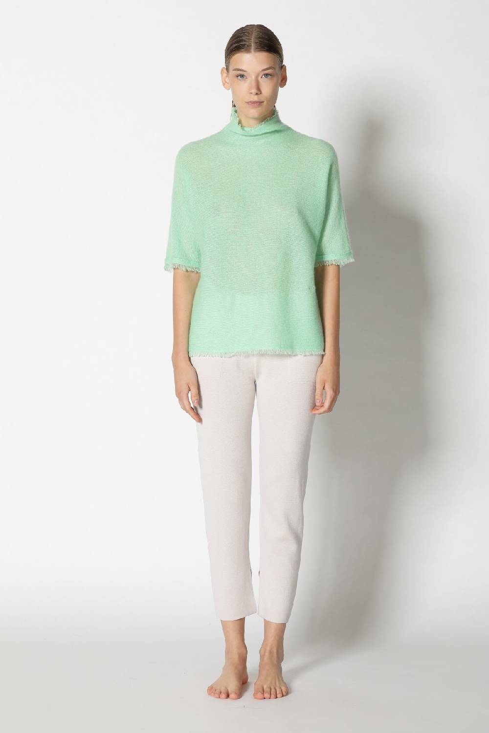 Sminfinity fluffy fringe turtle top + silky cropped pants Outlet
