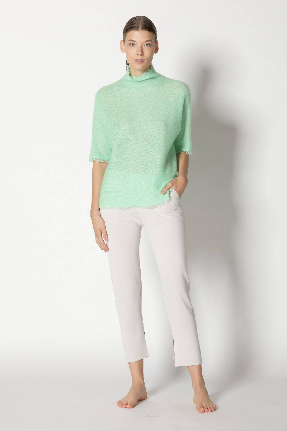 Sminfinity fluffy fringe turtle top + silky cropped pants Outlet