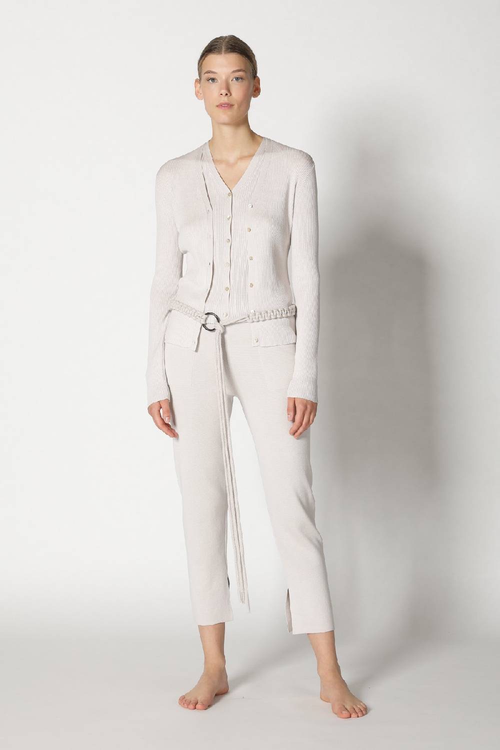 Sminfinity silky rib cardy + silky rib vest + silky cropped pants + hang loose ring belt Günstiger Verkauf