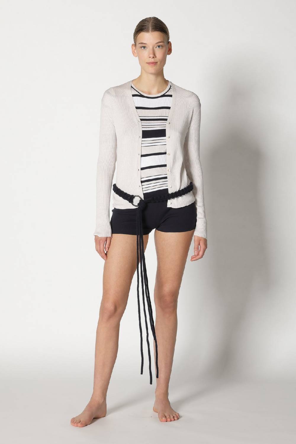 Sminfinity silky rib stripe crew T + silky rib cardy + silky shorts + hang loose ring belt Blitzverkäufe