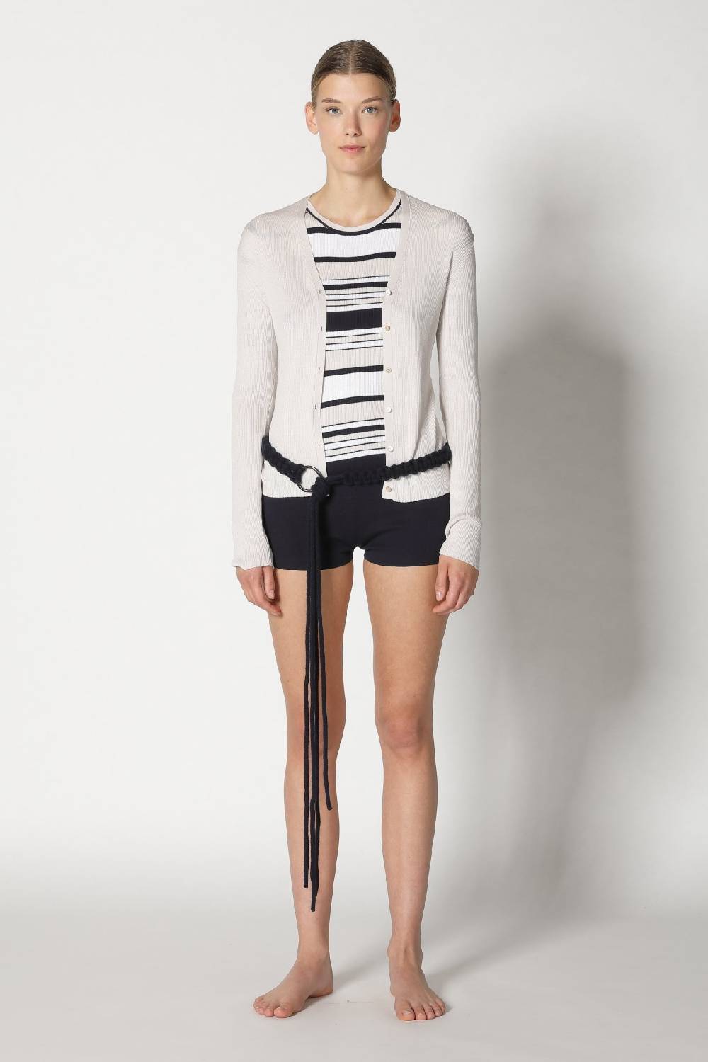Sminfinity silky rib stripe crew T + silky rib cardy + silky shorts + hang loose ring belt Blitzverkäufe