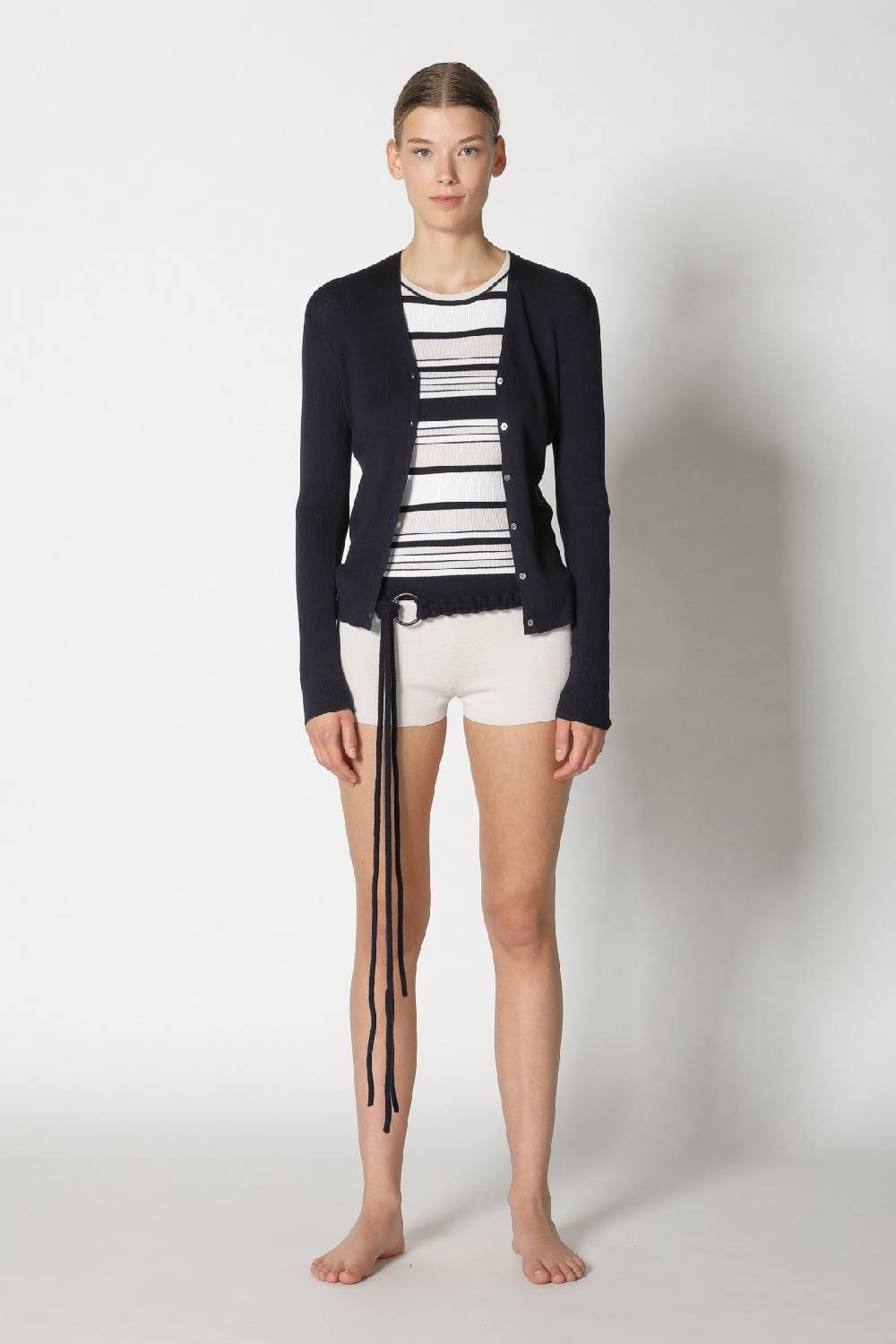 Sminfinity silky rib stripe crew T + silky rib cardy + silky shorts + hang loose ring belt Blitzverkäufe