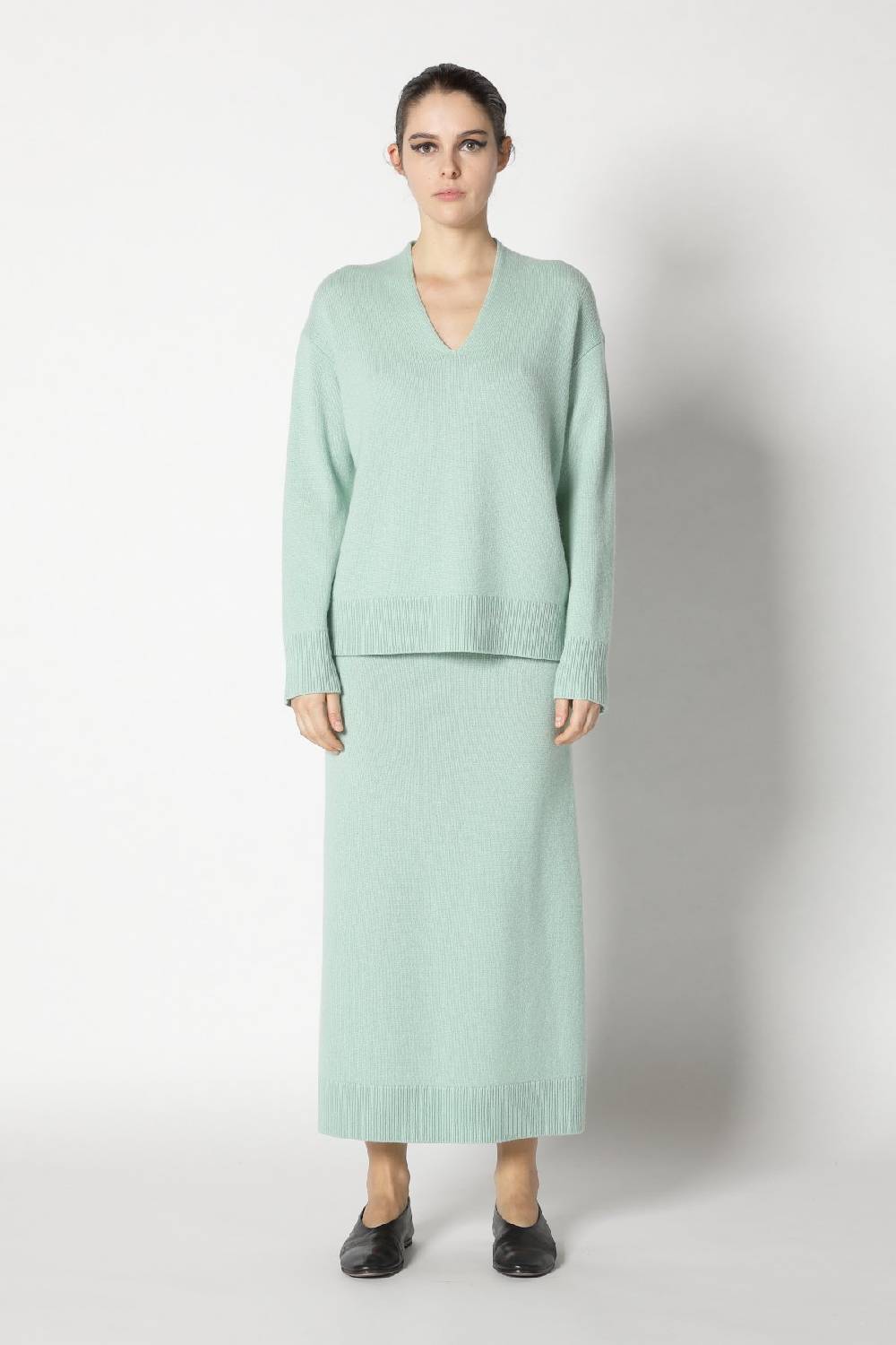 Sminfinity pure V neck + loosely 1x1 rib scarf + pure A skirt Flash Sale