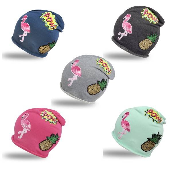 Sonia Originelli Beanie Mütze Kind Patch Aufnäher Flamingo Ananas Pow trend Baumwolle Räumungsverkauf