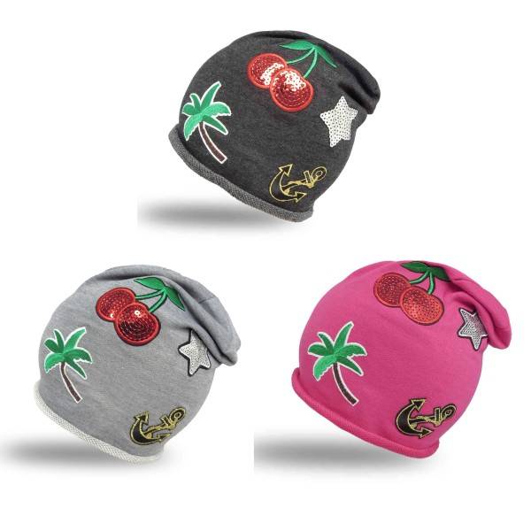 Sonia Originelli Beanie Mütze Kind Patch Aufnäher Kirsche Anker Palme trend Baumwolle Kauf eins, bekomm eins gratis