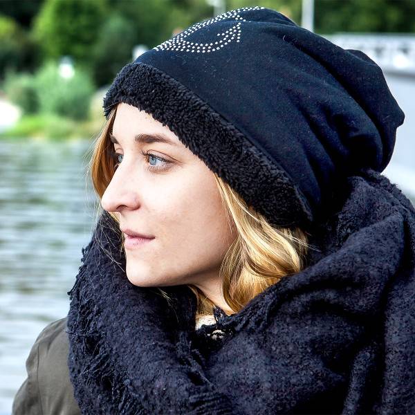 Sonia Originelli Fleece Beanie mit Strass-Anker Steinchen und weichem Teddyfell Fabrikpreis