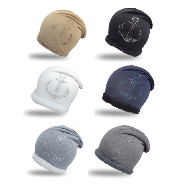 Sonia Originelli Fleece Beanie mit Strass-Anker Steinchen und weichem Teddyfell Fabrikpreis