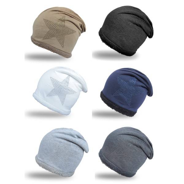 Sonia Originelli Fleece Beanie Strass-Stern Steinchen mit weichem Teddyfell gefüttert Sonderangebot