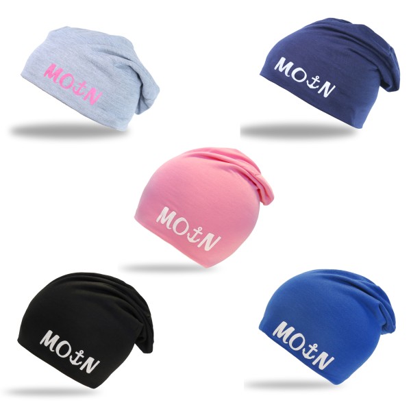 Sonia Originelli Kinder Beanie Mütze unifarben mit MOIN Aufdruck Anker maritim Jersey Unisex Osterangebot