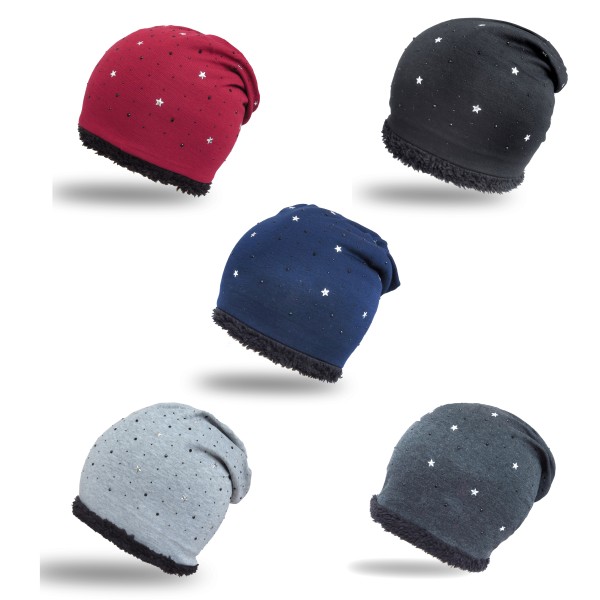 Sonia Originelli Winter Beanie Mütze "Strass Sternchen" Teddyfell Futter Große Rabatte