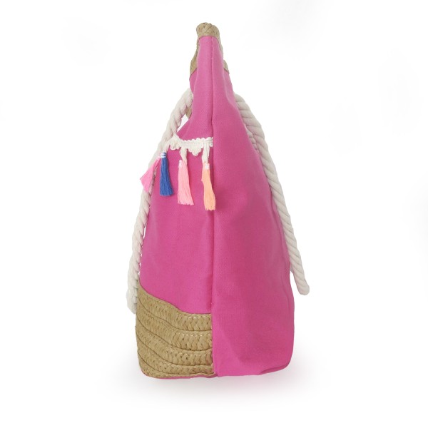 Sonia Originelli Shopper Boho mit neon Quasten Fransen Bommel Bastverzierung Strandtasche im Angebot