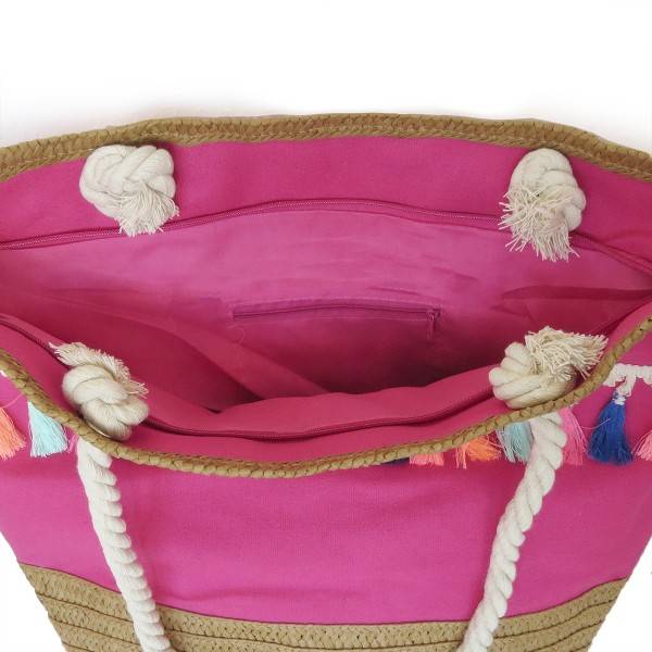 Sonia Originelli Shopper Boho mit neon Quasten Fransen Bommel Bastverzierung Strandtasche im Angebot