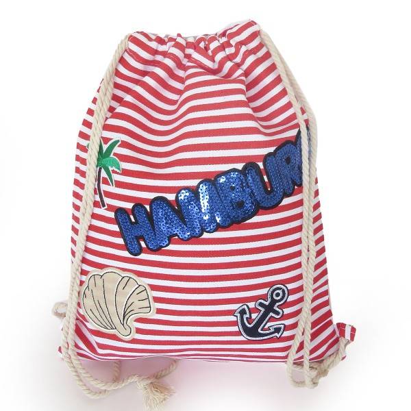 Sonia Originelli Turnbeutel Patches Aufnäher Gymbag gestreift "Hamburg" Versandkostenfrei