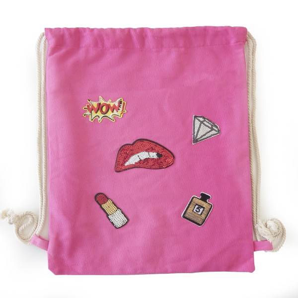 Sonia Originelli Turnbeutel Patches Aufnäher Gymbag unifarben Lippen Makeup Baumwolle Preisnachlass