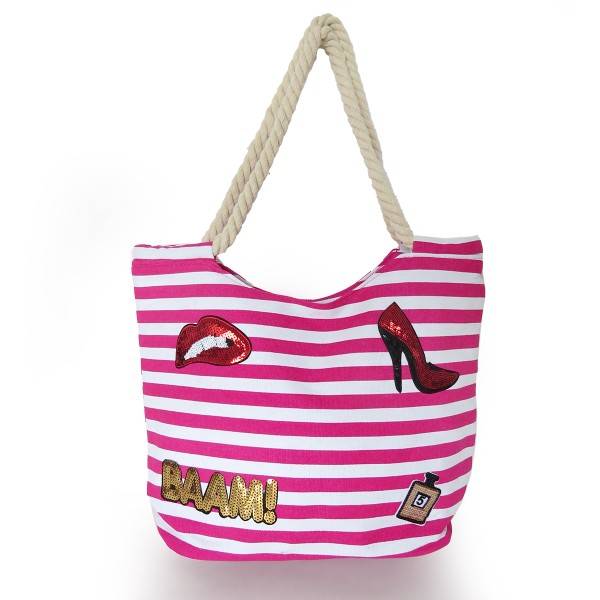 Sonia Originelli Strandtasche maritim gestreift mit Patch Aufnähern BAAM! Räumungsverkauf