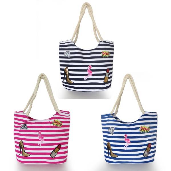 Sonia Originelli Strandtasche maritim gestreift mit Patch Aufnähern Flamingo Kauf eins, bekomm eins gratis